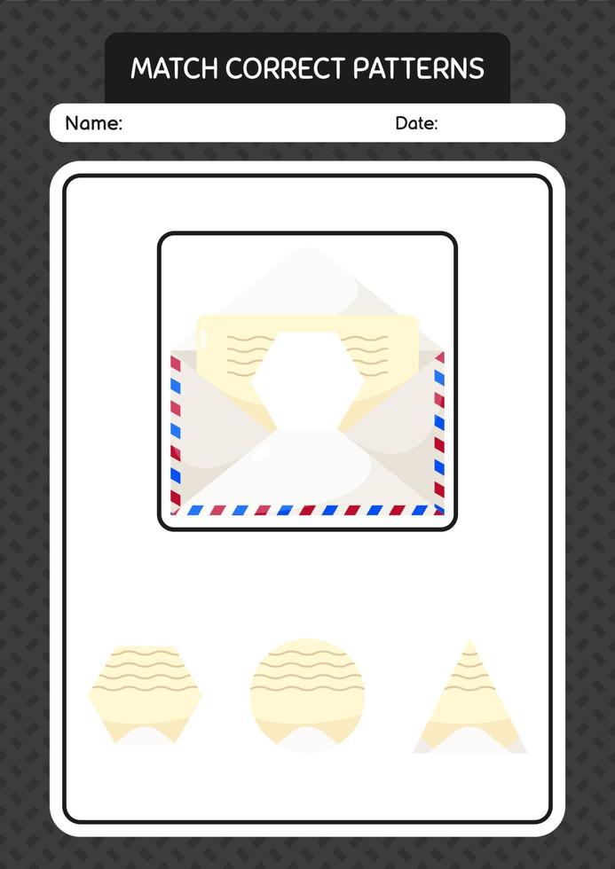 Match pattern game with paper mail. worksheet for preschool kids, kids activity sheet vector