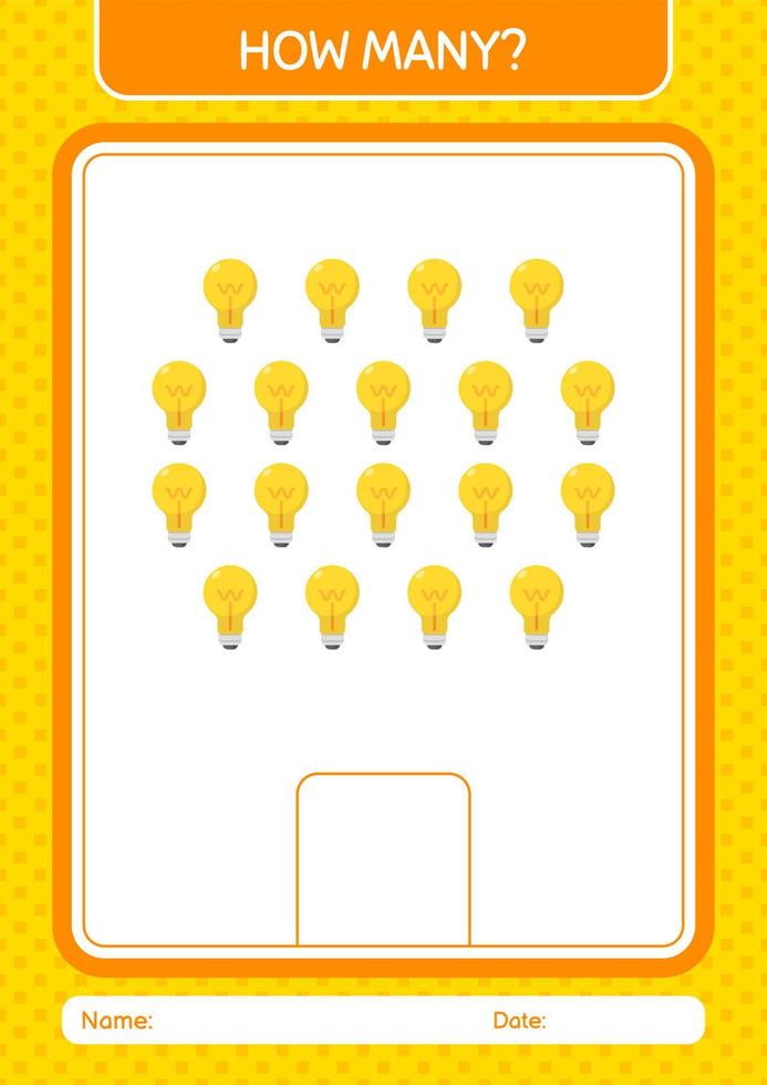 How many counting game with light bulb. worksheet for preschool kids, kids activity sheet vector