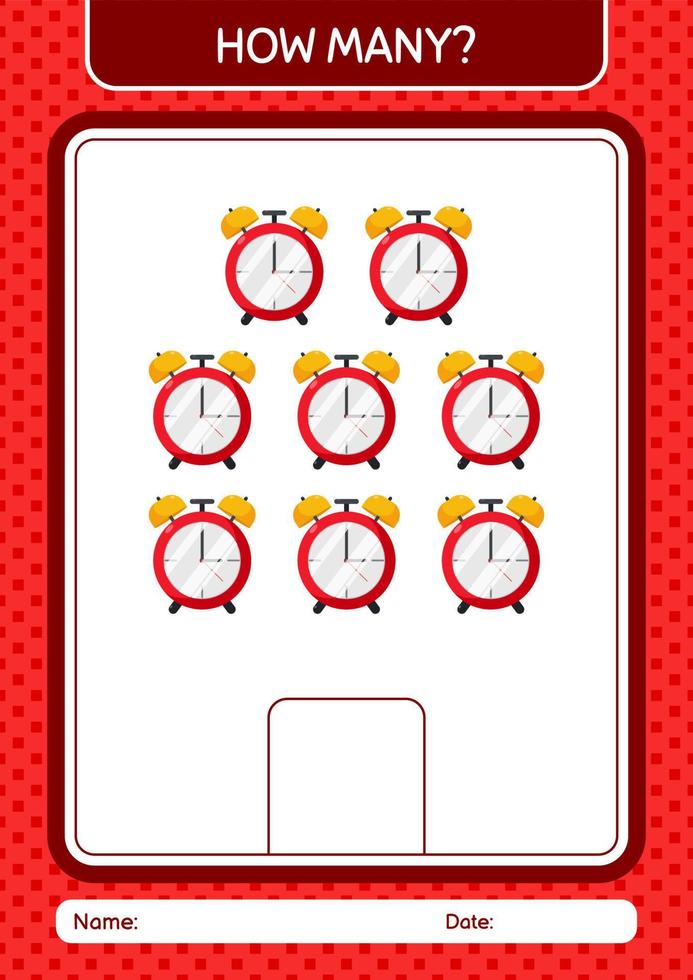 How many counting game with waker clock. worksheet for preschool kids, kids activity sheet vector