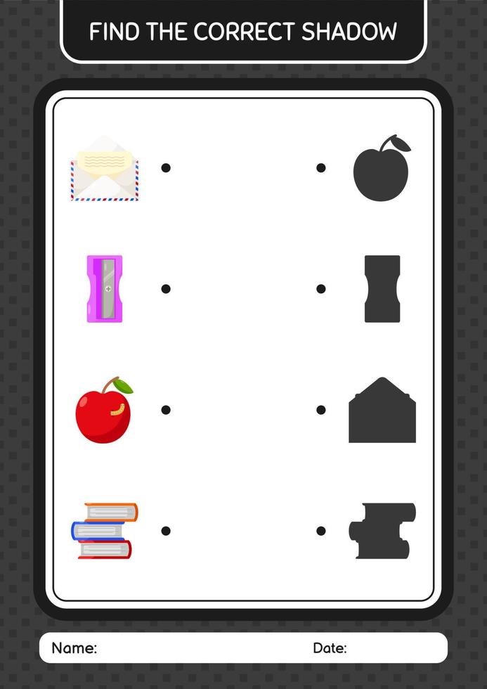 Find the correct shadows game with summer icon. worksheet for preschool kids, kids activity sheet vector