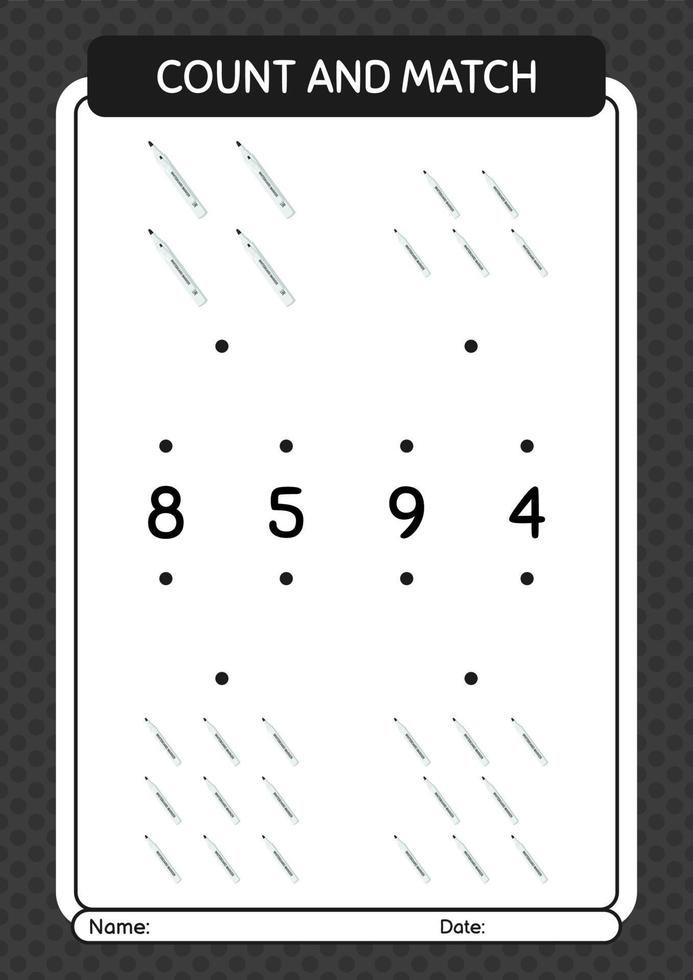Count and match game with whiteboard marker. worksheet for preschool kids, kids activity sheet vector