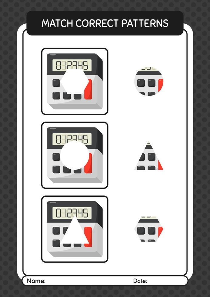 Match pattern game with calculator. worksheet for preschool kids, kids activity sheet vector