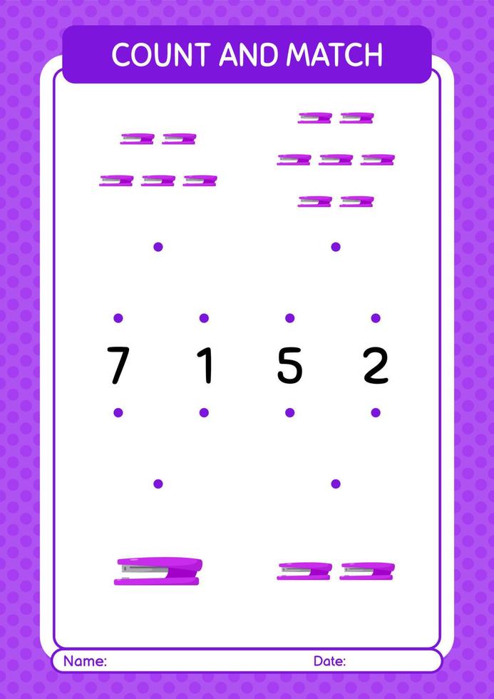 Count and match game with stapler. worksheet for preschool kids, kids activity sheet vector
