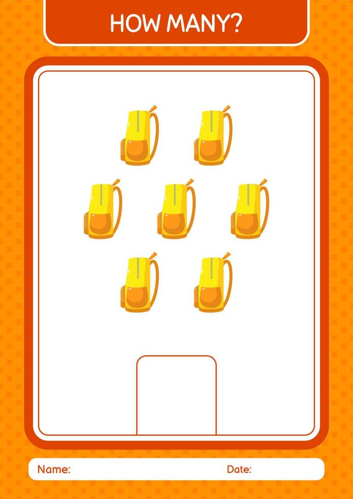 How many counting game with backpack. worksheet for preschool kids, kids activity sheet vector