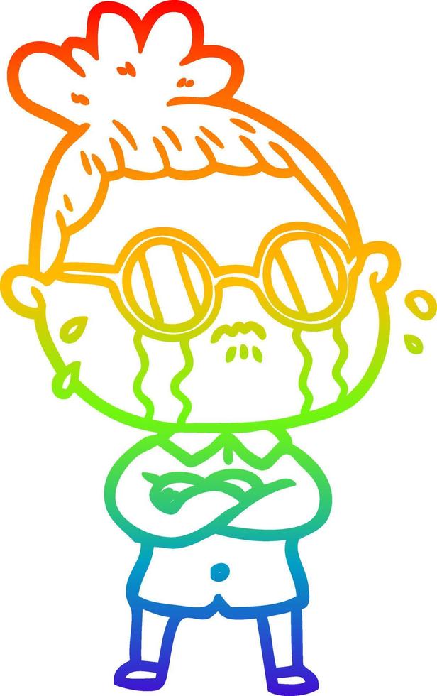 rainbow gradient line drawing cartoon crying woman wearing spectacles vector