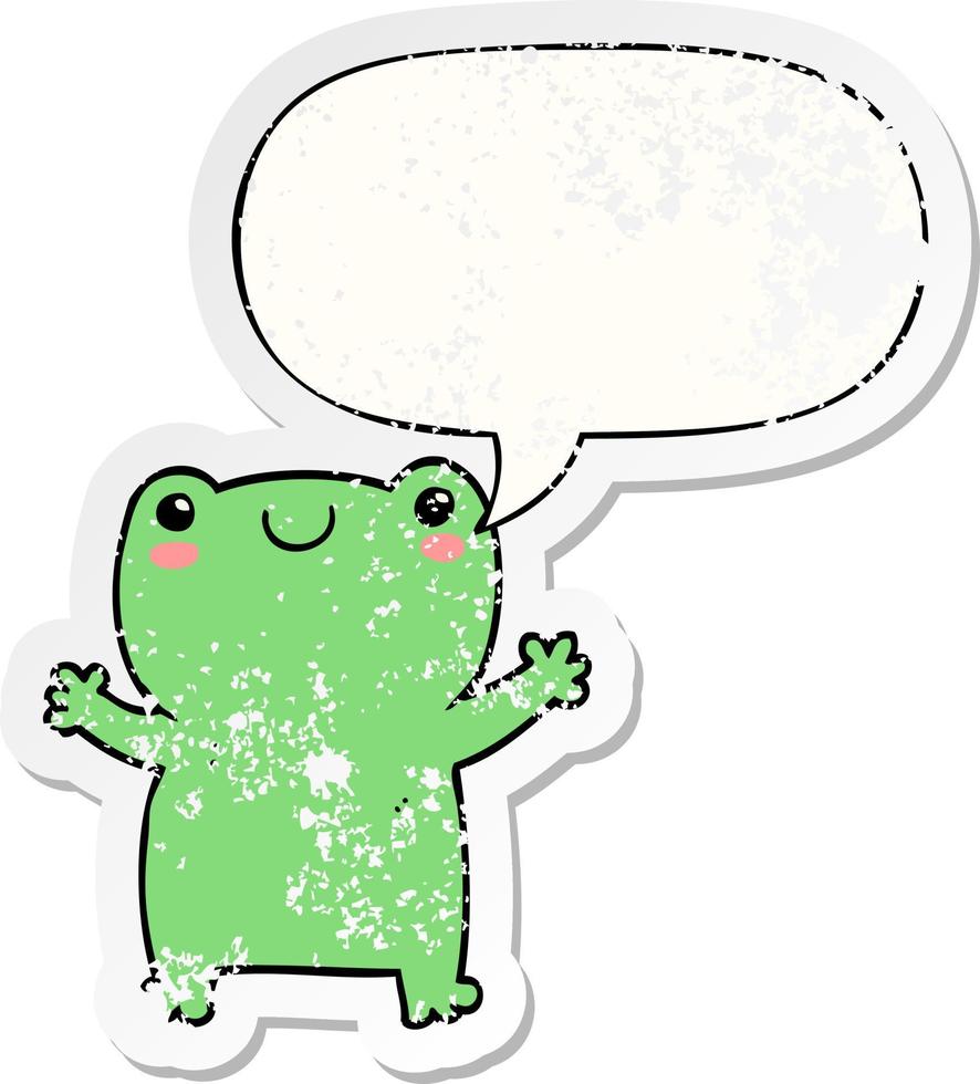 cute cartoon frog and speech bubble distressed sticker vector