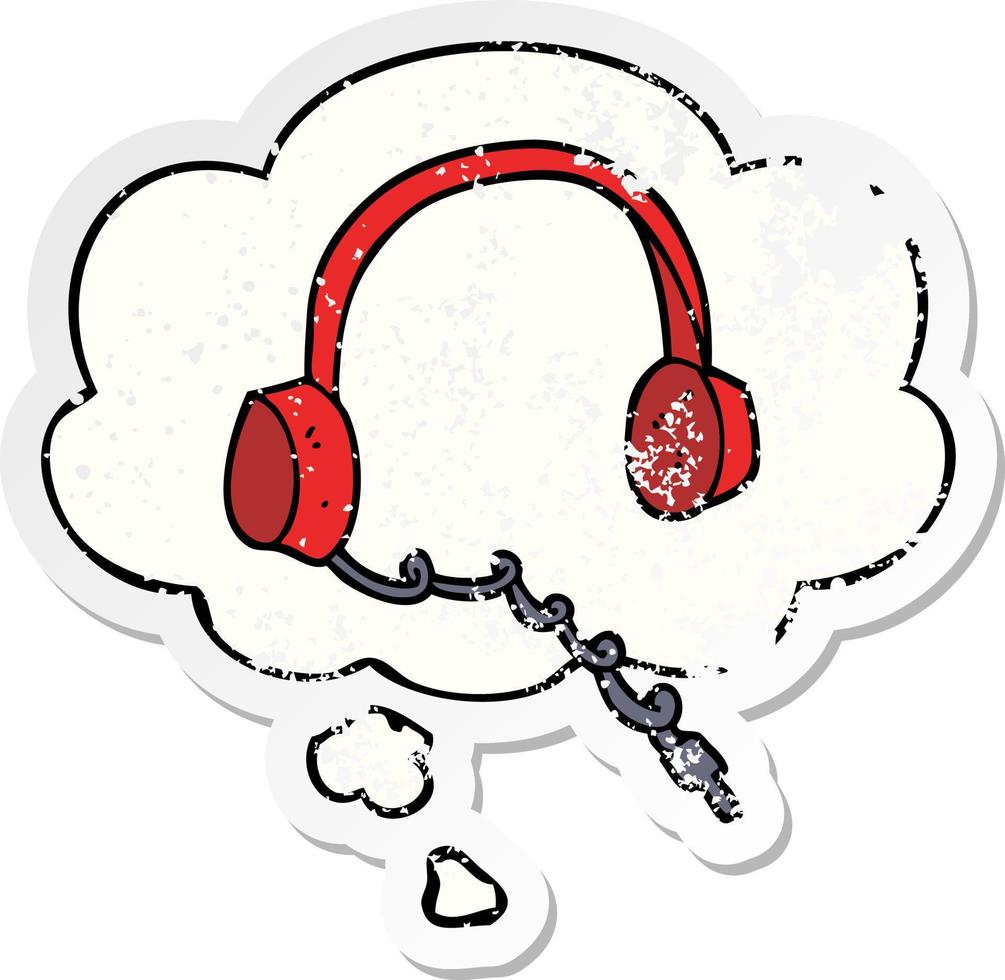 cartoon headphones and thought bubble as a distressed worn sticker vector