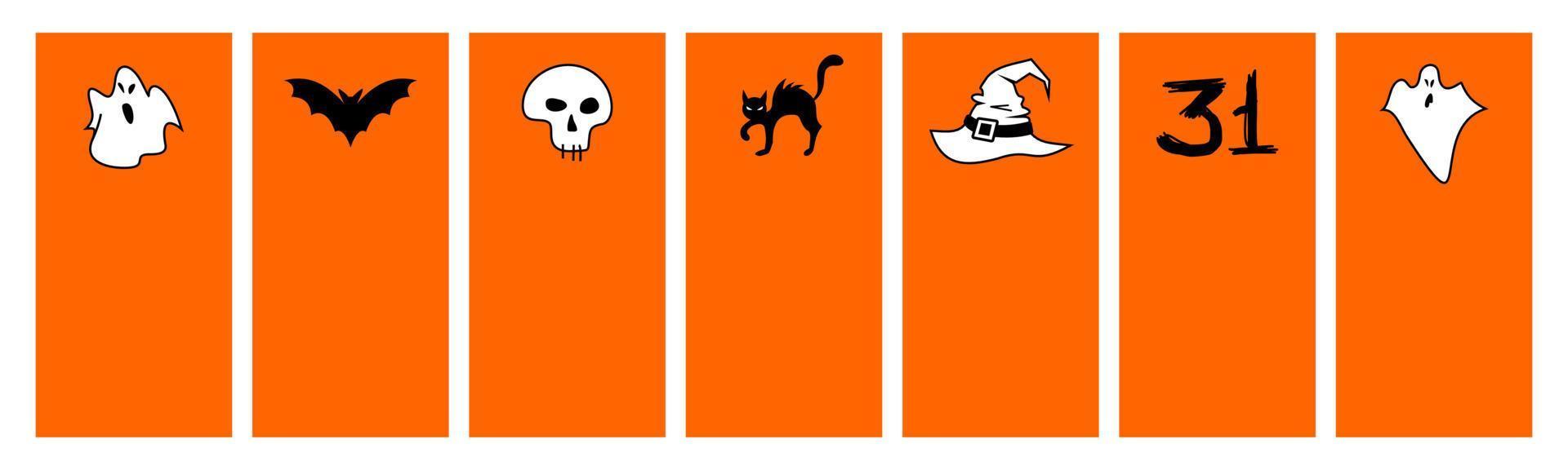 iconos de Halloween. cuadrado colorido de la bandera de halloween - ilustración de estilo plano vectorial. marco, lugar para el texto. murciélago, fantasmas vector