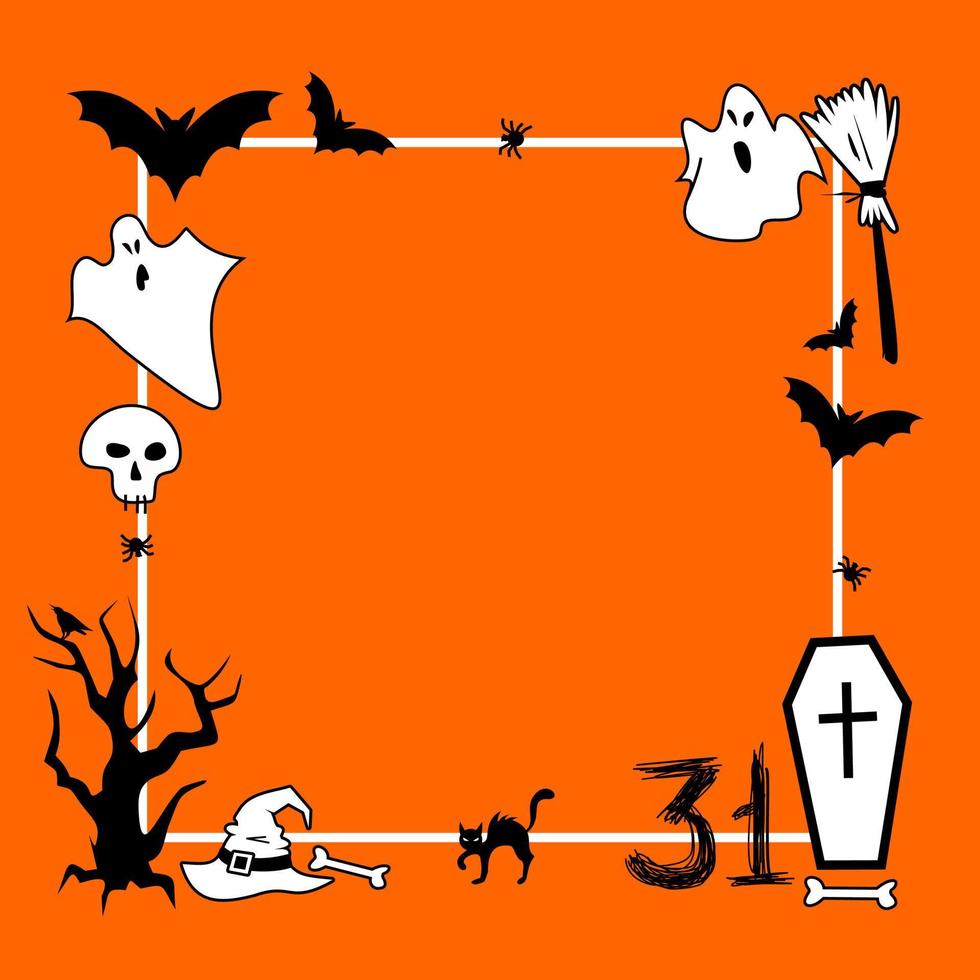 marco de halloween, lugar para texto. cuadrado colorido de la bandera de halloween - ilustración de estilo plano vectorial. murciélago, espíritus y arañas vector