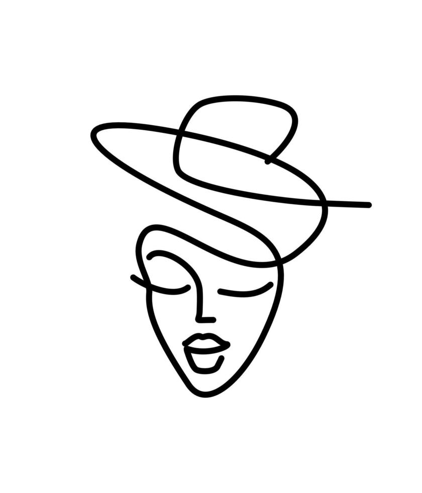 logotipo de sombrero icono de salón de belleza. chica de cara de minimalismo. ilustración vectorial de líneas finas. icono de tocado. compras, guardarropa vector