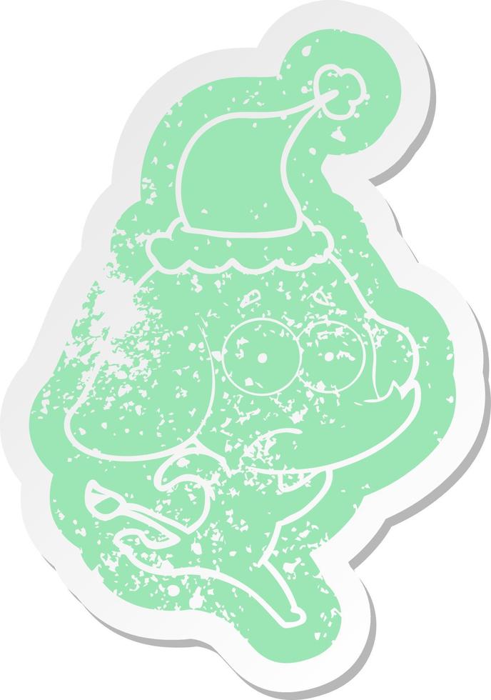 cartoon distressed sticker of a unsure elephant running away wearing santa hat vector