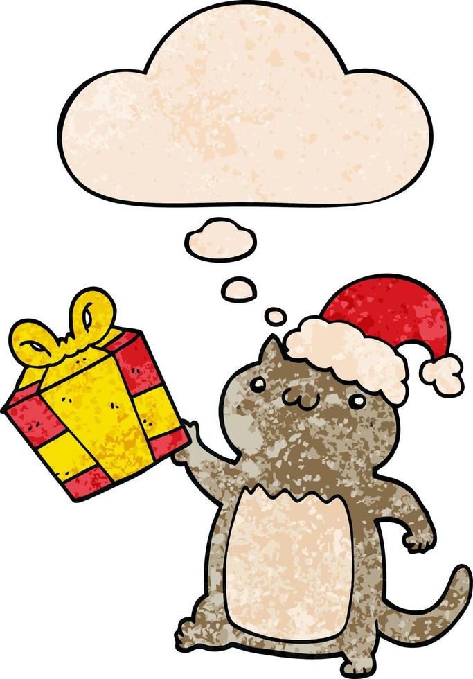 cute cartoon christmas cat and thought bubble in grunge texture pattern style vector