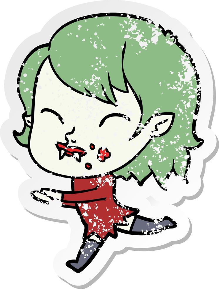 distressed sticker of a cartoon vampire girl with blood on cheek vector