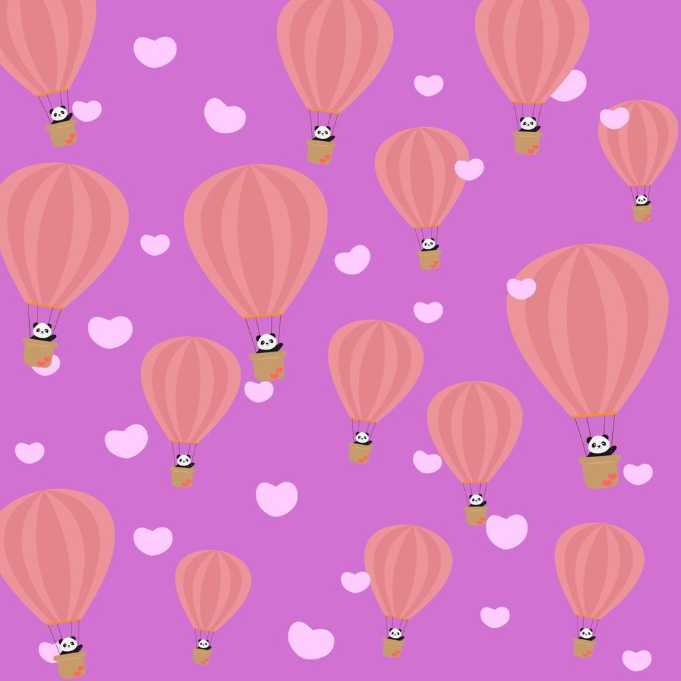 Panda on a heart shaped cloud balloon isolated pink background. vector