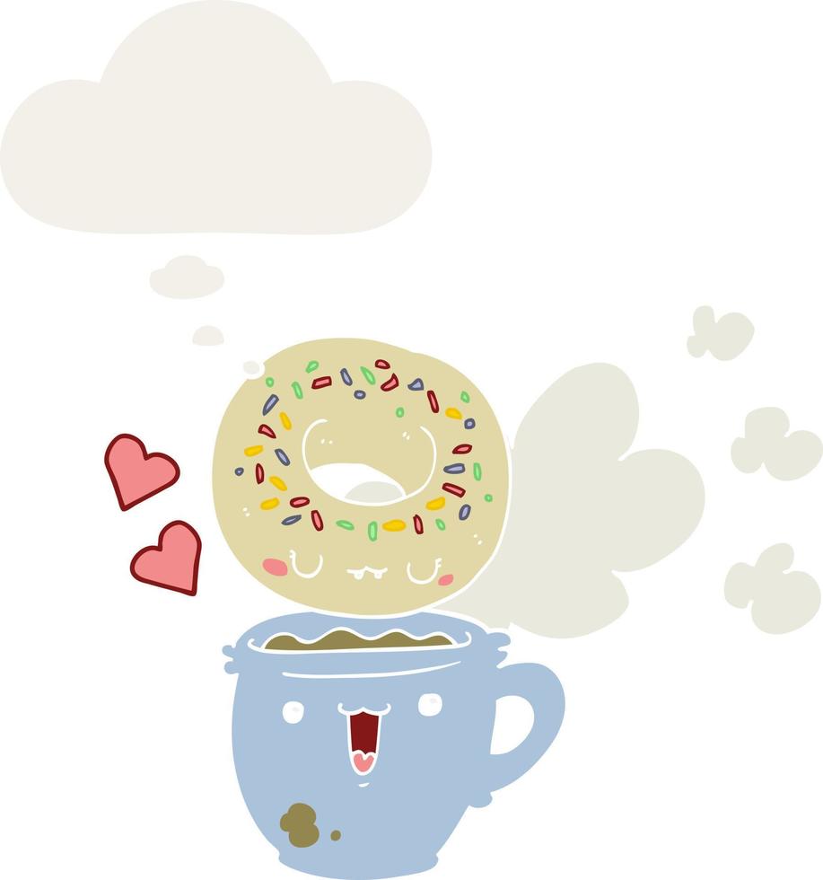 cute cartoon donut and coffee and thought bubble in retro style vector