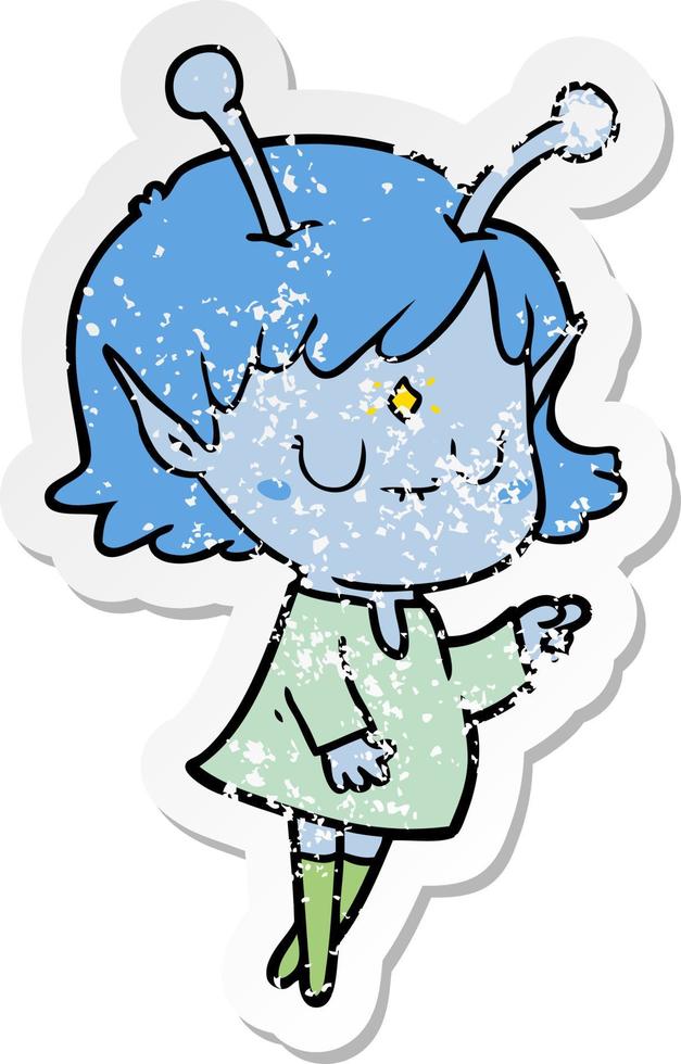 distressed sticker of a cartoon alien girl vector