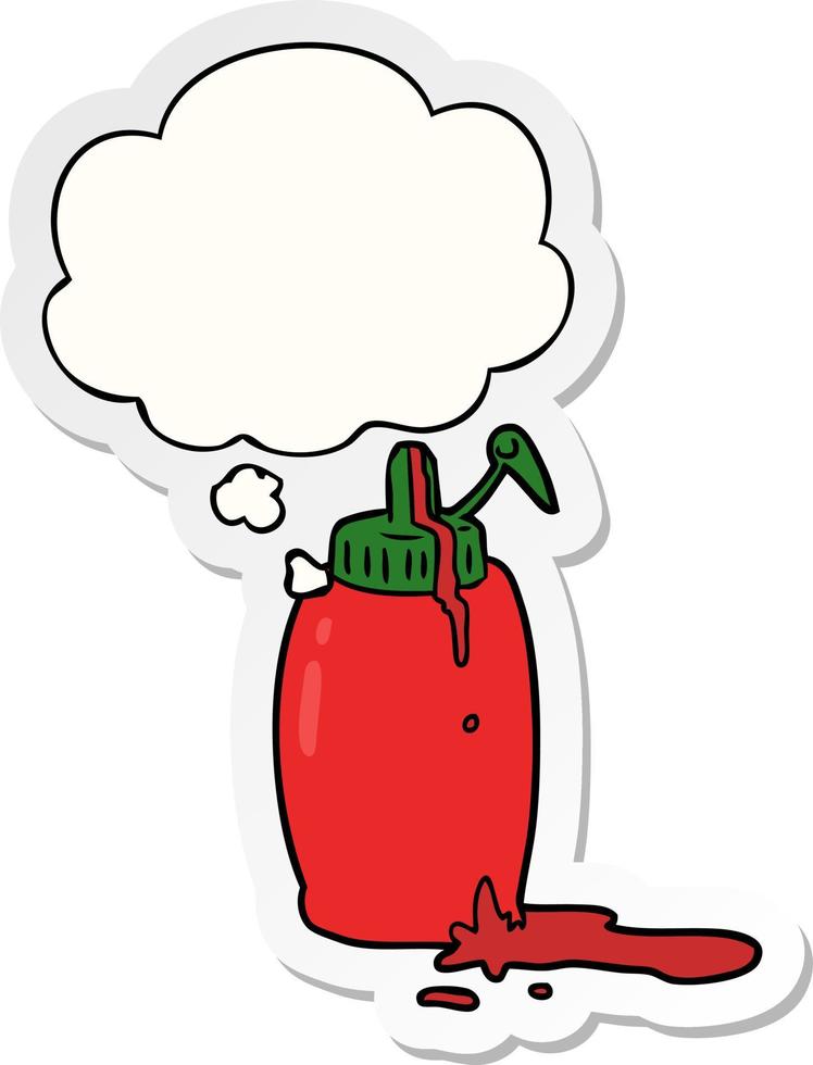 cartoon ketchup bottle and thought bubble as a printed sticker vector