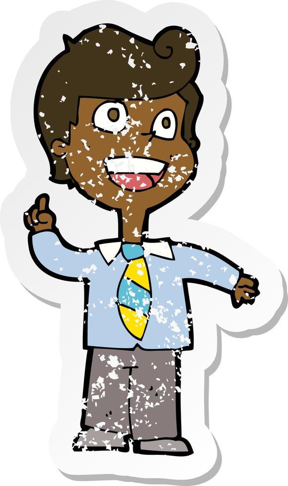 retro distressed sticker of a cartoon school boy raising hand vector