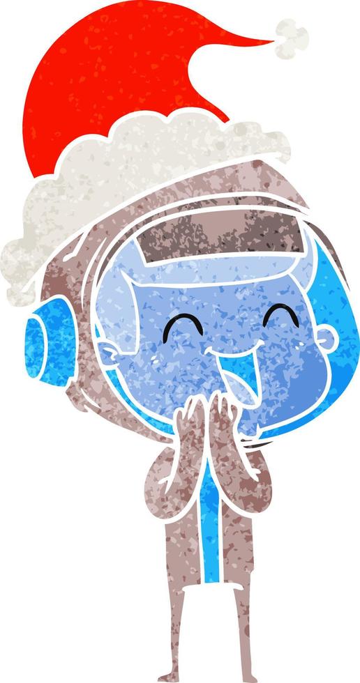 happy retro cartoon of a astronaut wearing santa hat vector