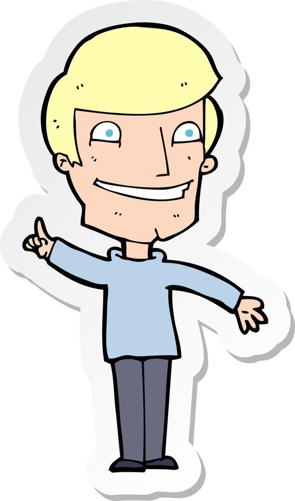 sticker of a cartoon grinning man with idea vector