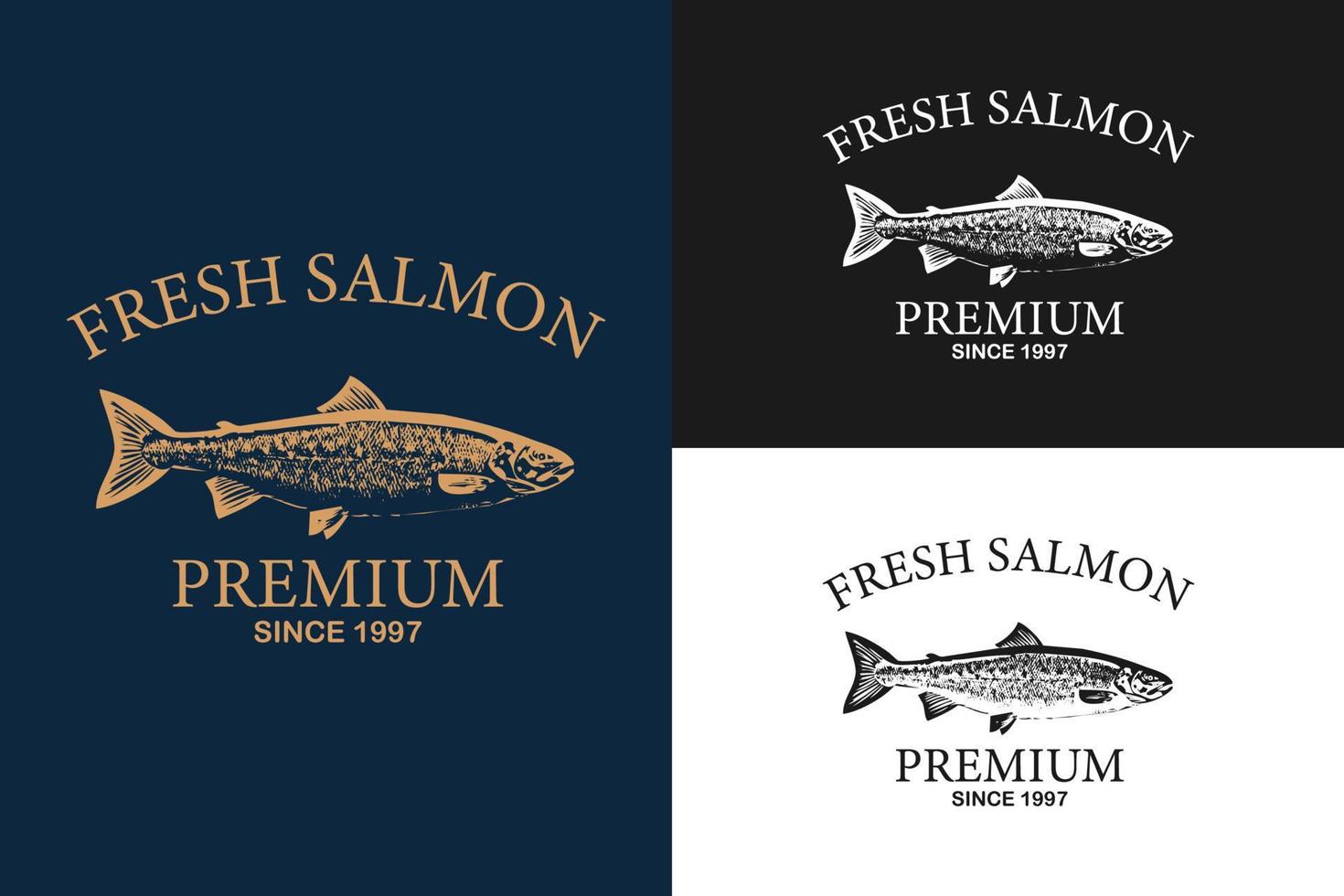 Salmon logo template. Fish logo vector. Fresh fish logo concept. Animal logo vector. seafood retro hipster vintage label badge vector sticker download