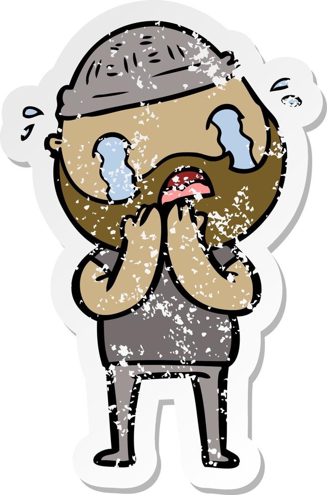 distressed sticker of a cartoon bearded man crying vector