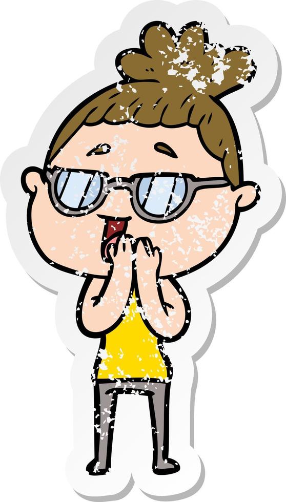 distressed sticker of a cartoon happy woman wearing spectacles vector