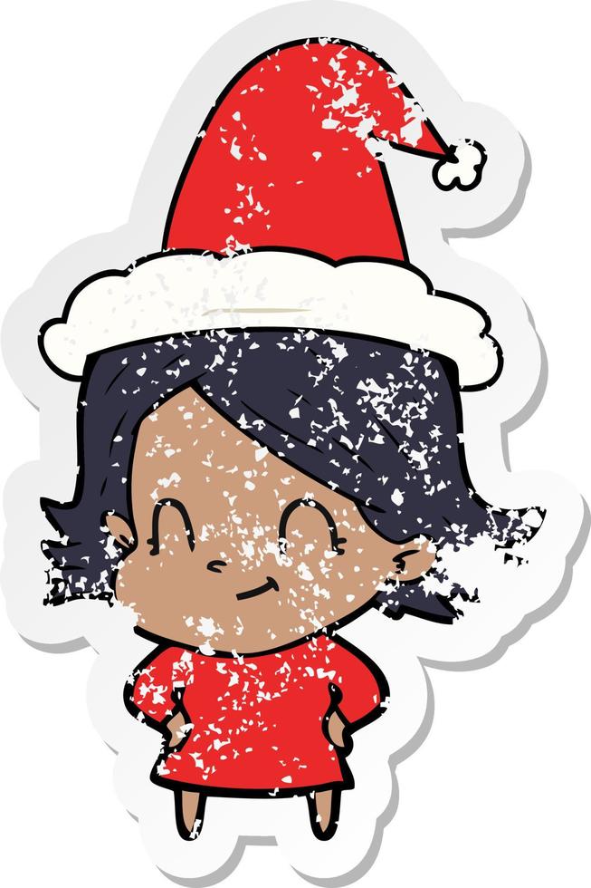 distressed sticker cartoon of a friendly girl wearing santa hat vector