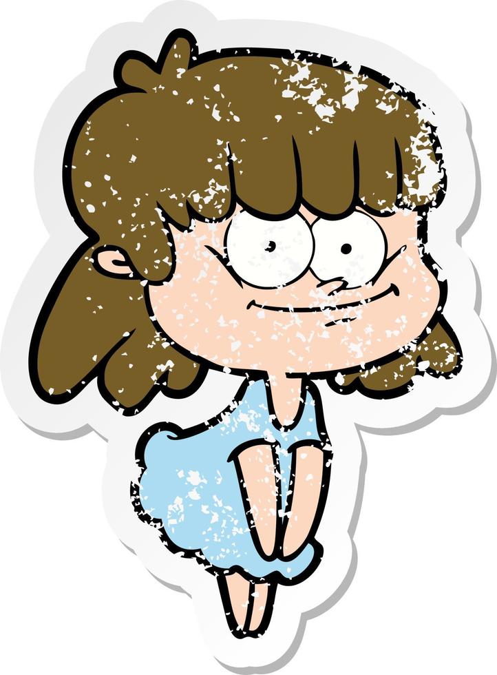 distressed sticker of a cartoon smiling woman vector