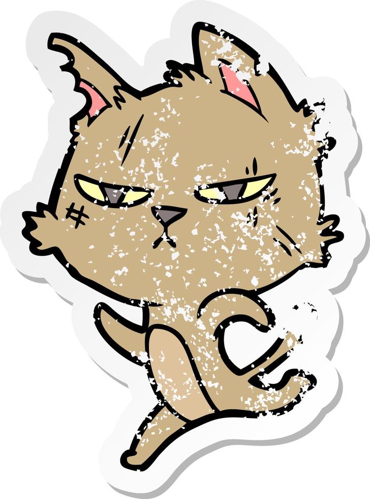 distressed sticker of a tough cartoon cat running vector