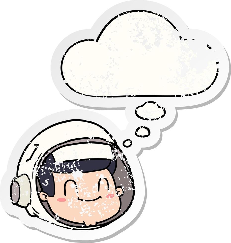 cartoon astronaut face and thought bubble as a distressed worn sticker vector