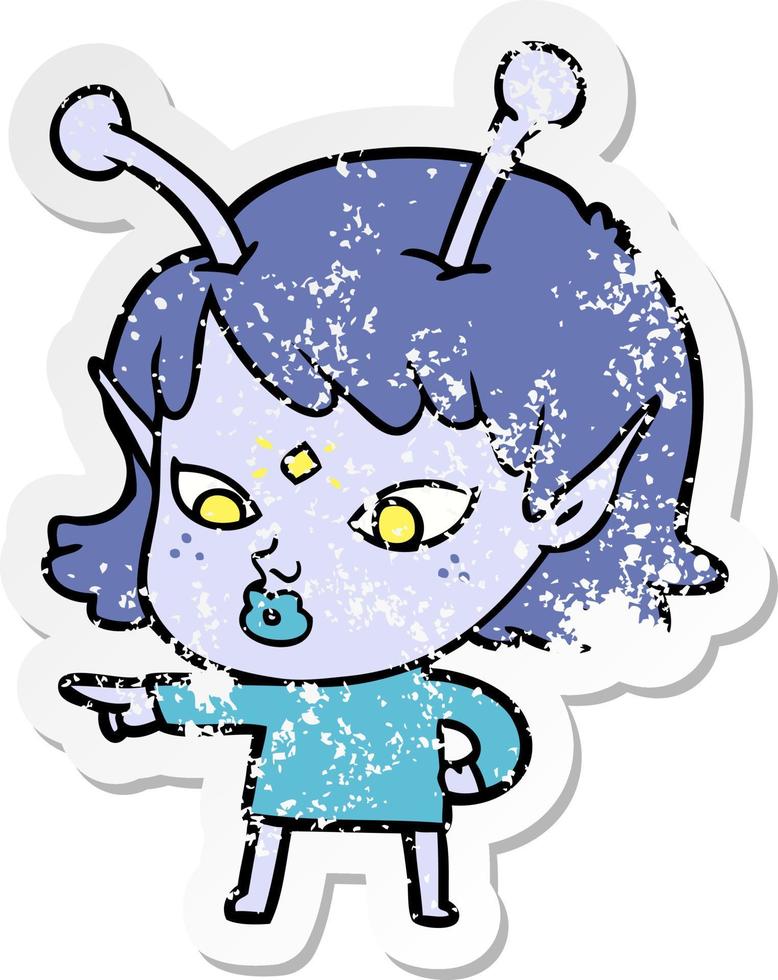 distressed sticker of a pretty cartoon alien girl vector