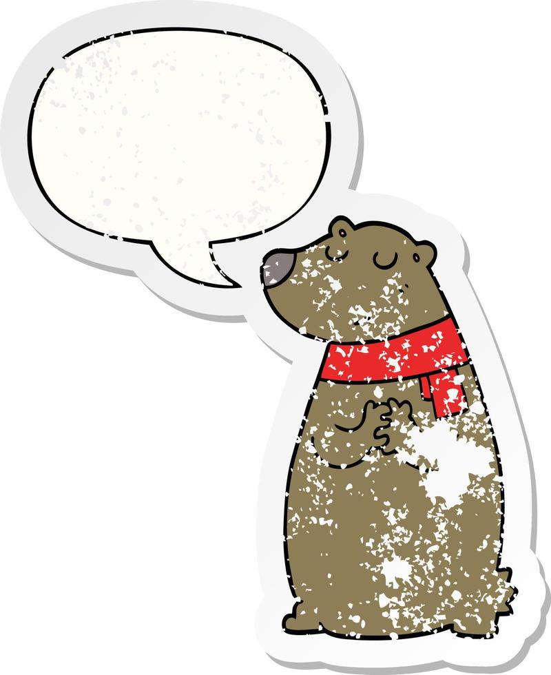 cartoon bear wearing scarf and speech bubble distressed sticker vector