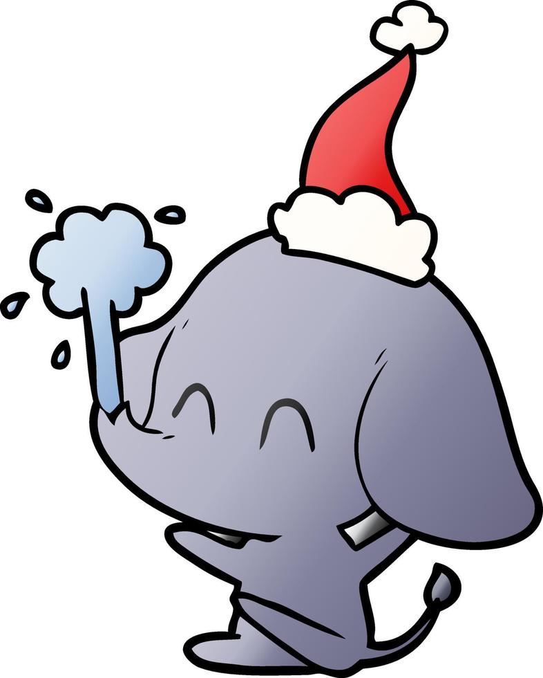 cute gradient cartoon of a elephant spouting water wearing santa hat vector