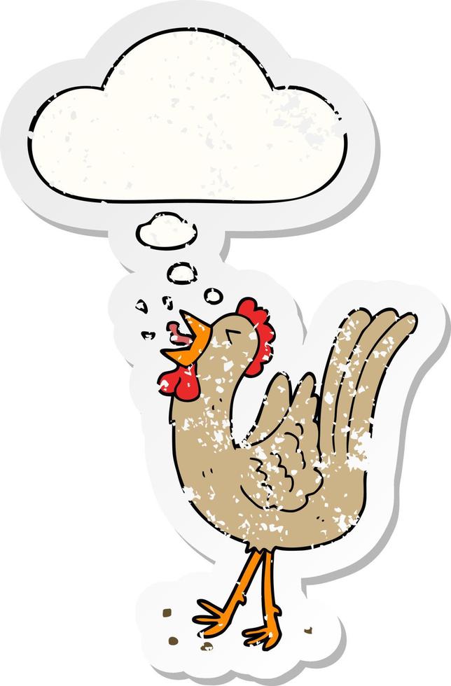 cartoon crowing cockerel and thought bubble as a distressed worn sticker vector