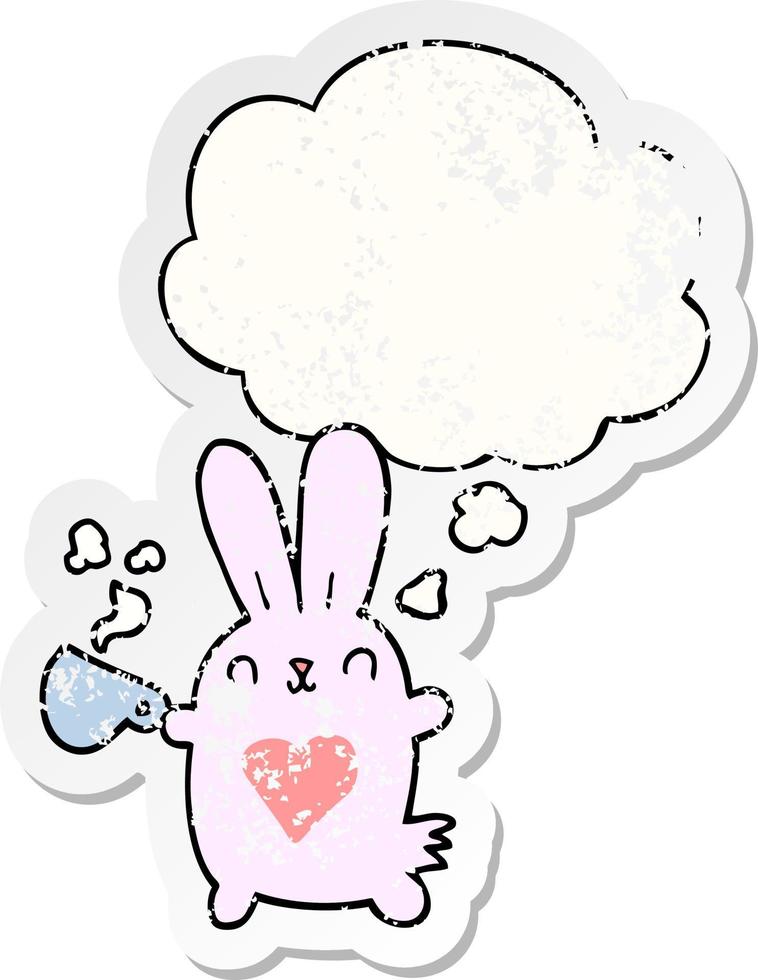cute cartoon rabbit with love heart and coffee cup and thought bubble as a distressed worn sticker vector