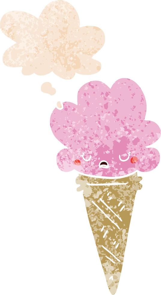 cartoon ice cream with face and thought bubble in retro textured style vector