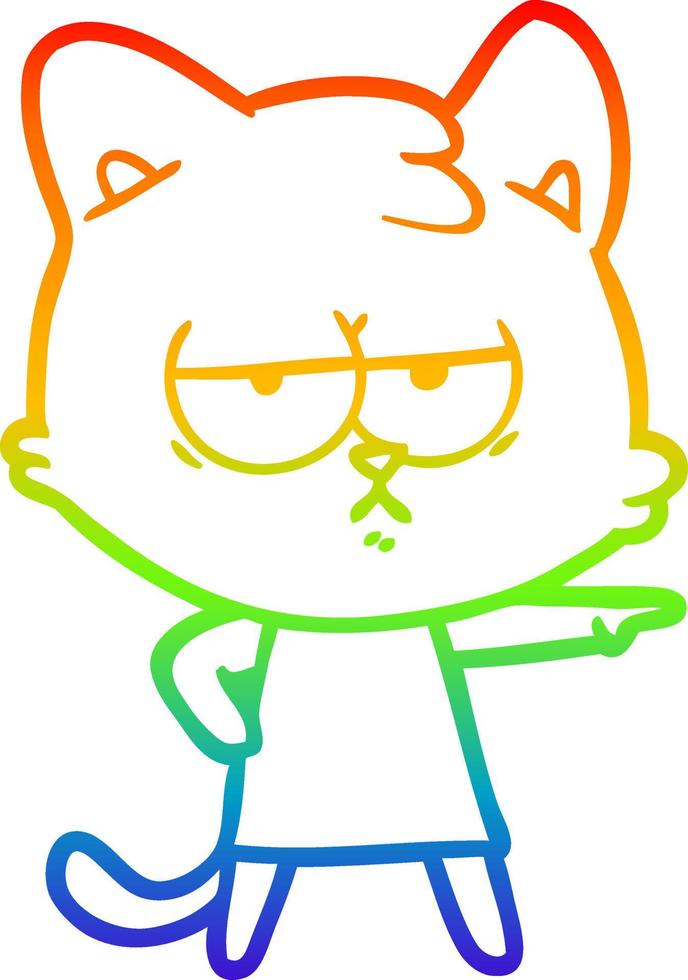 rainbow gradient line drawing bored cartoon cat pointing vector