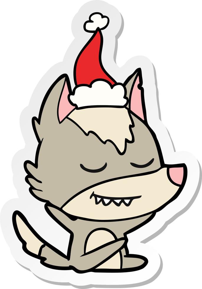 friendly sticker cartoon of a wolf sitting wearing santa hat vector