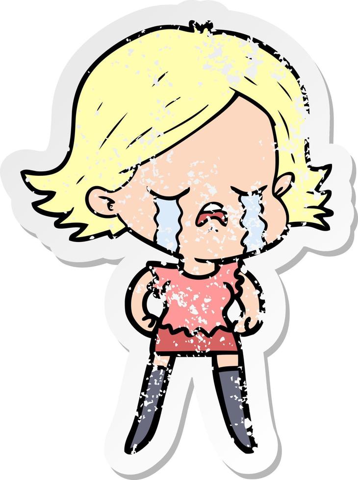 distressed sticker of a cartoon girl crying vector