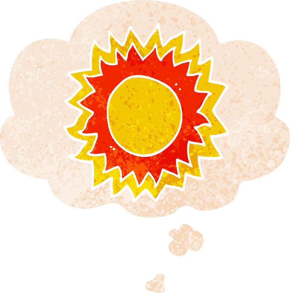 sol de dibujos animados y burbuja de pensamiento en estilo retro texturizado vector