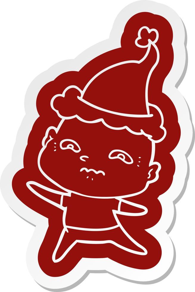 cartoon  sticker of a nervous man wearing santa hat vector