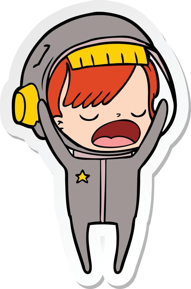 sticker of a cartoon astronaut woman explaining vector