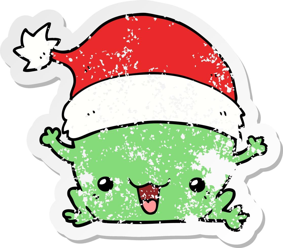 distressed sticker of a cute cartoon christmas frog vector