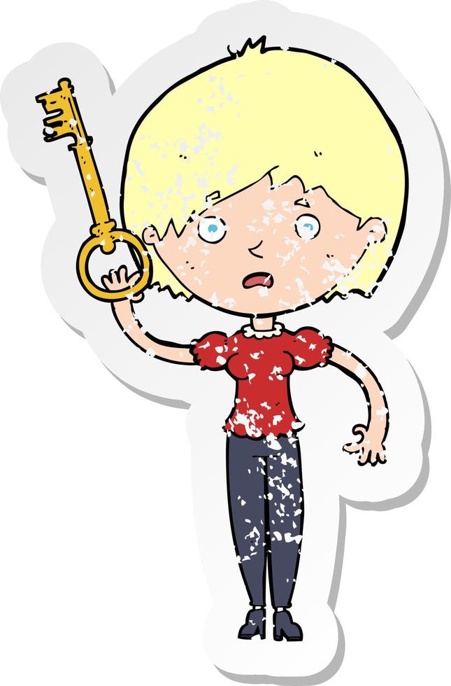 retro distressed sticker of a cartoon woman with key vector
