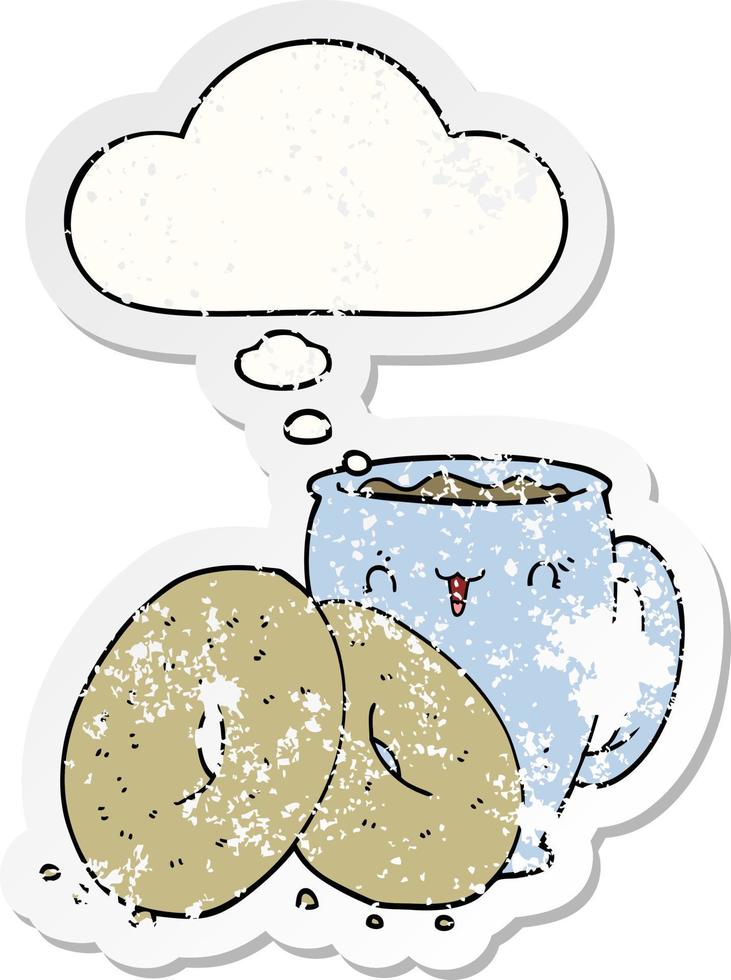 cartoon coffee and donuts and thought bubble as a distressed worn sticker vector