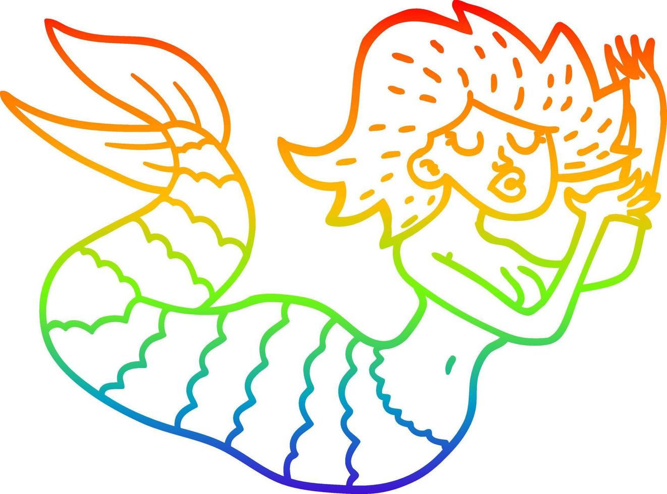 rainbow gradient line drawing cartoon woman mermaid vector