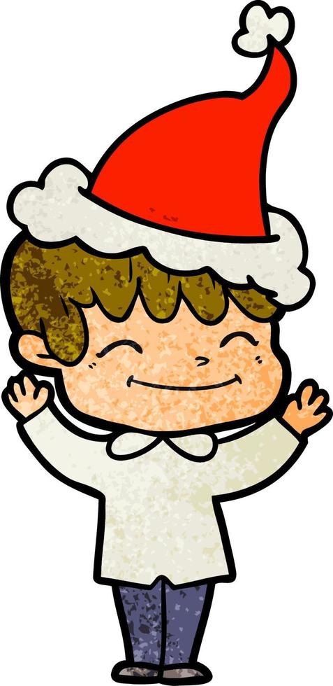 textured cartoon of a happy boy wearing santa hat vector