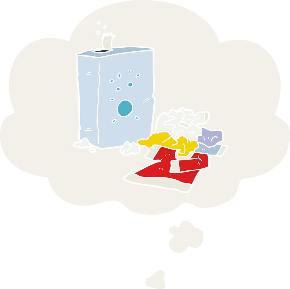 cartoon washing powder and laundry and thought bubble in retro style vector