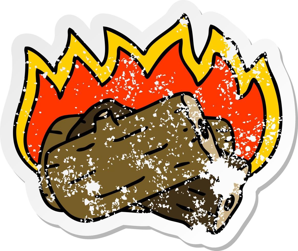 distressed sticker of a quirky hand drawn cartoon burning log vector